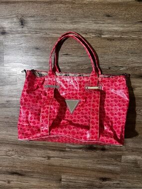 Guess Pink Red Heart-Print Tote Bag